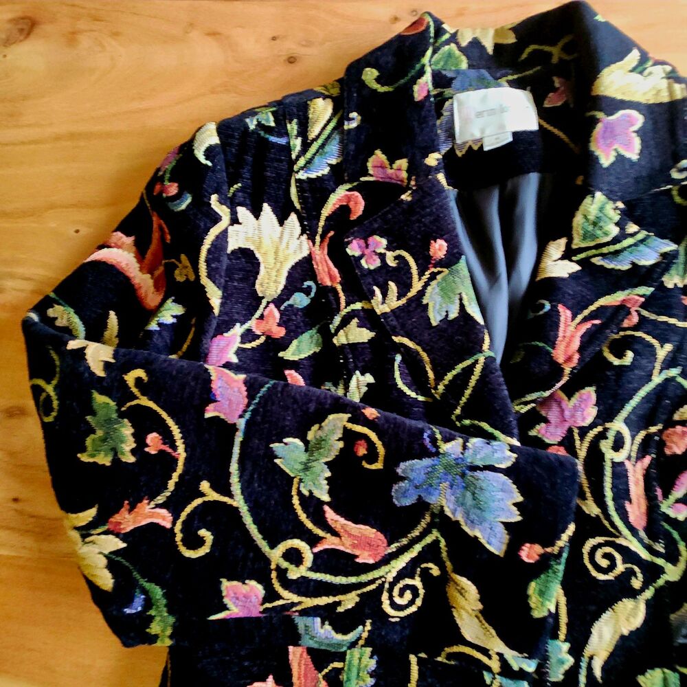 Vintage 90s Erin London Tapestry Grandmacore Blck Floral Chenille Blazer Medium